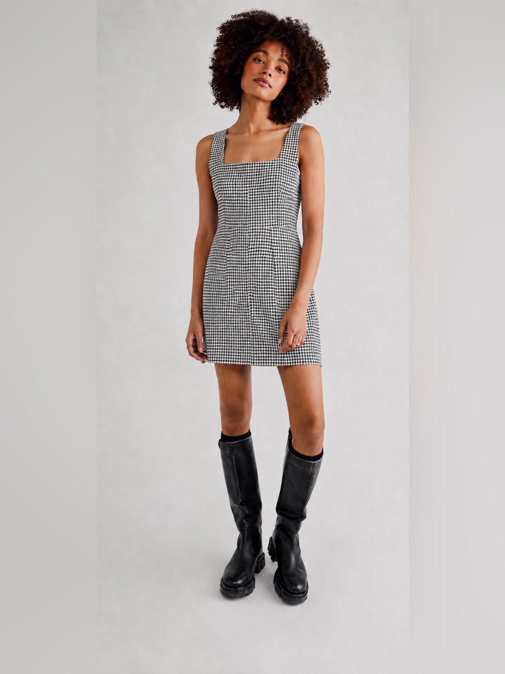 H&M Black and White Gingham Square-Neck Mini Dress